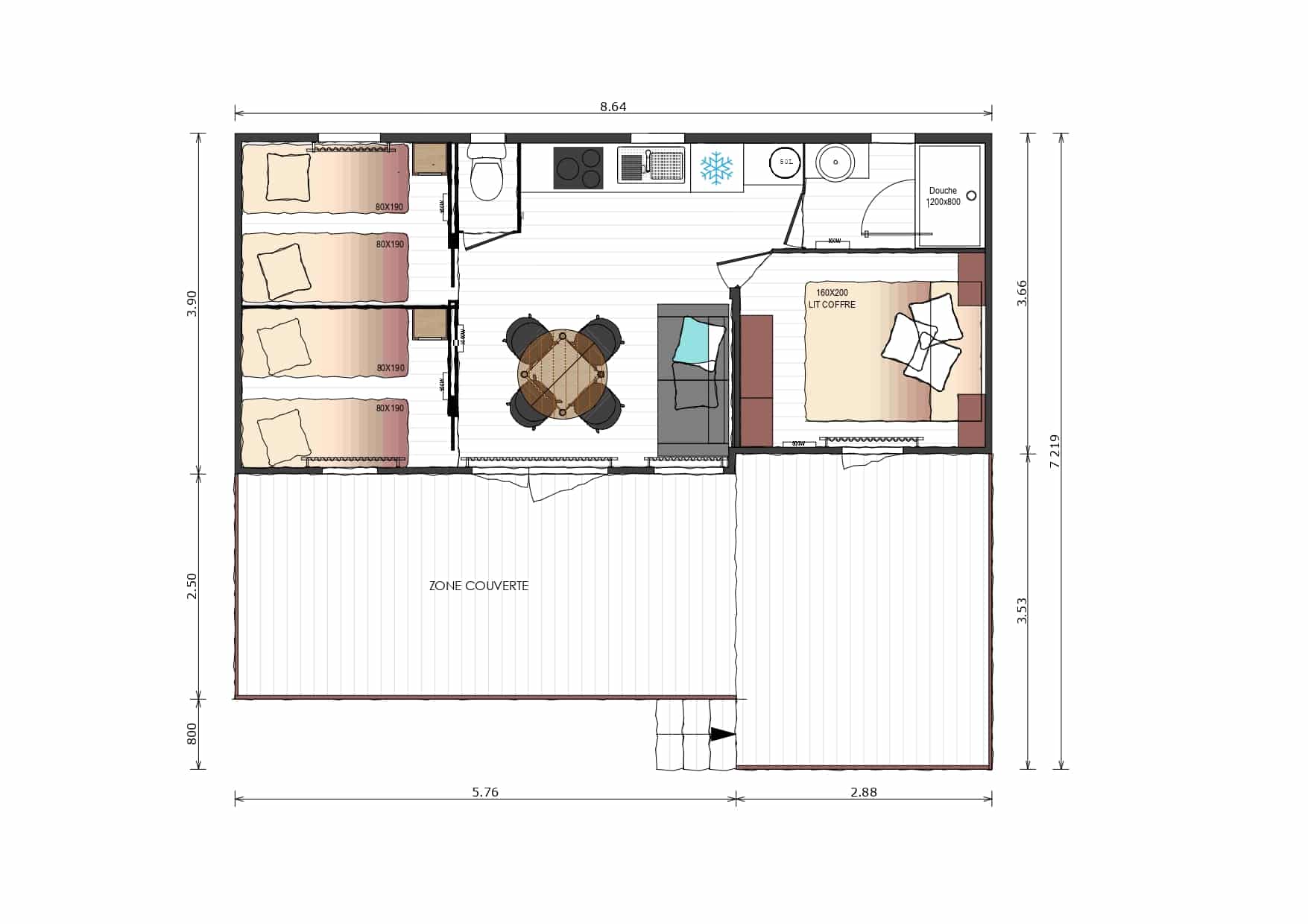 Bekijk het plan Mobilhome Premium 56 m²  (3 chambres - 6 pers)